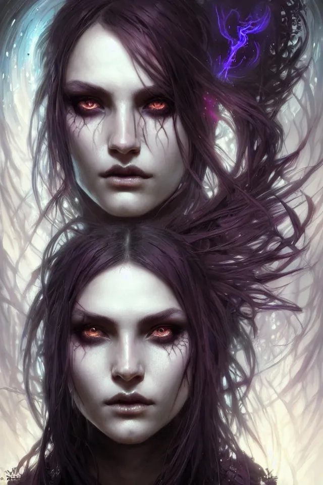 Image similar to Necromancer Sorceress face close-up macro in center, fantasy magic, undercut hairstyle, dark light night, intricate, elegant, sharp focus, illustration, highly detailed, digital painting, concept art, matte, art by WLOP and Artgerm and Greg Rutkowski and Alphonse Mucha, masterpiece