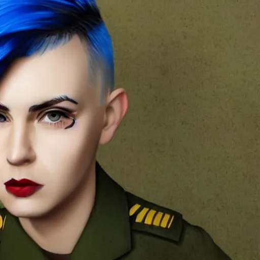 Prompt: girl in military uniform with short blue hair and sharp haircut in the style of Enki Bilal