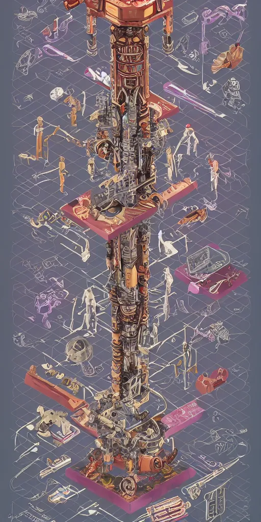 Image similar to isometric anatomy of the terminator, robot, cyborg, t100, diagrams, mystical, intricate ornamental tower floral flourishes, technology meets fantasy, map, infographic, concept art, art station, style of wes anderson