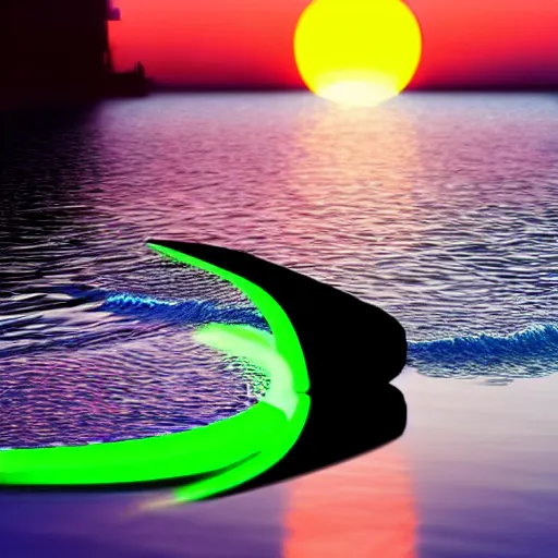 Prompt: neon nike swoosh logo floating on water. sunset, photo realistic - n 6