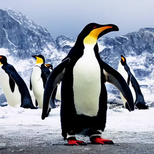 Prompt: A national geographic wide-shot photograph of a giant penguin with human eyes and horns.