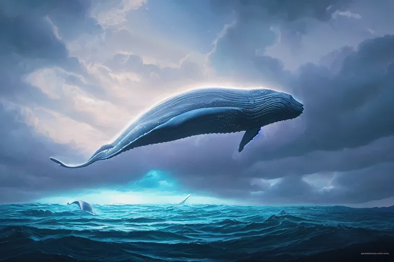 Prompt: whale flying through clouds, cinematic lighting, bioluminescent, dan mumford, artgerm, greg rutkowski, artstation