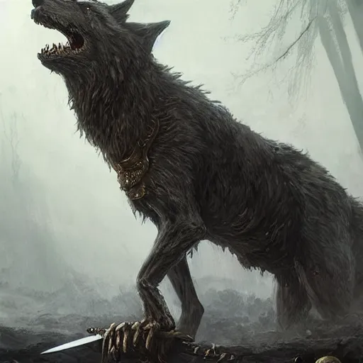 Image similar to Giant wolf holding a large sword in its mouth, hd, intricate, Greg Rutkowski, Elden Ring, 8k, digital art