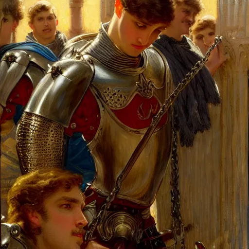 Image similar to attractive fully clothed arthur pendragon confesses his love for his attractive fully clothed male knight. highly detailed painting by gaston bussiere and j. c. leyendecker 8 k