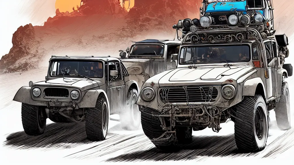 Image similar to digital illustration of mad max's fj 4 0 pursuit special riding fury road eternal shiny and chrome, the last v 8 interceptor driving down to the gates of valhalla highway in the middle of the day, anime style, year 2 0 9 3, by makoto shinkai, ilya kuvshinov, lois van baarle, rossdraws, basquiat