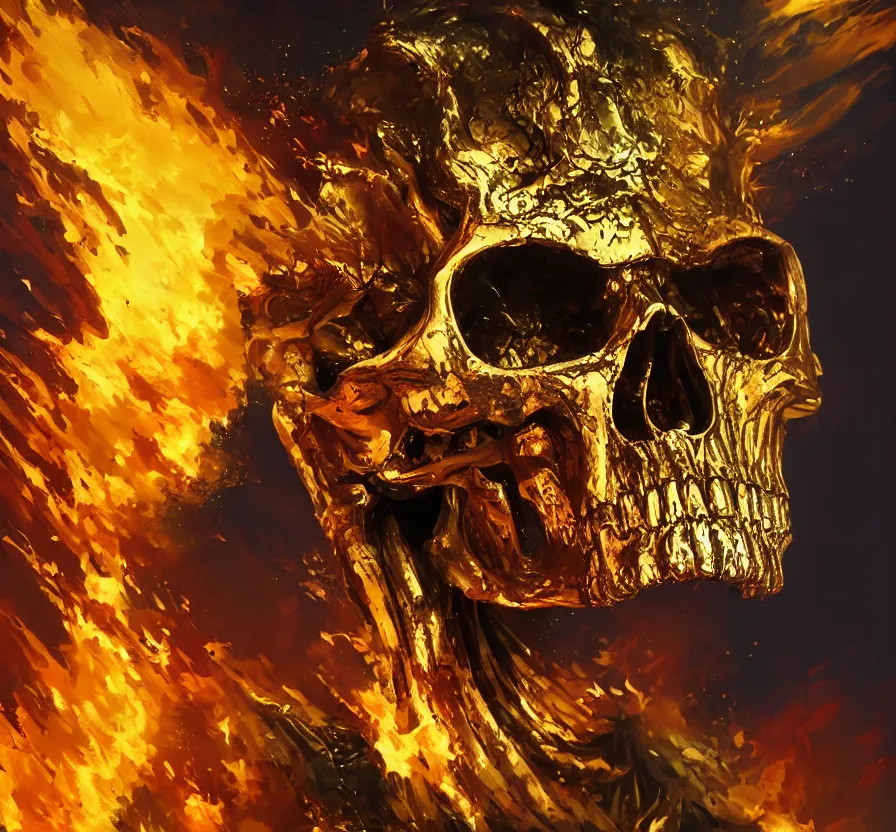 Image similar to gold terminator skull on flaming town, acrilic paint, brush paint, heavenly atmosphere, paint, ultra detailed, beautiful image, resolution, artstation