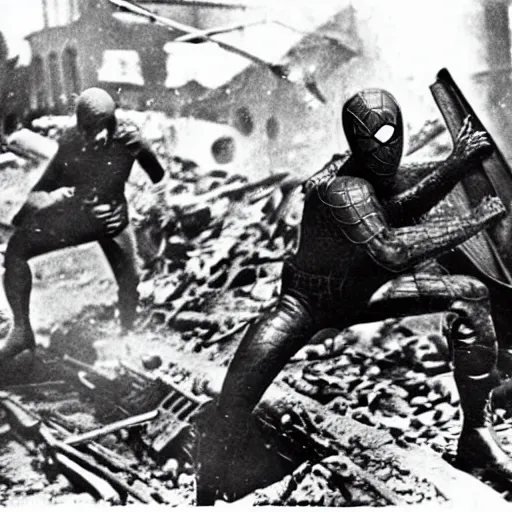 Image similar to world war II photograph of spider-man fighting on the front lines