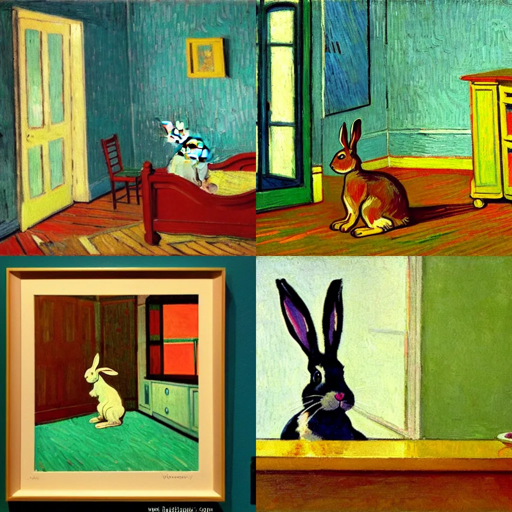 Prompt: a bunny in a suburban household, in style of Edward Hopper and Van Gogh