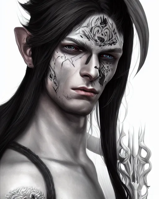 Image similar to portrait of a feminine male dark elf, obsidian skin, white tatoo, long hair, fantasy, elegant, intricate, highly detailed, digital painting, artstation, concept art, sharp focus, illustration