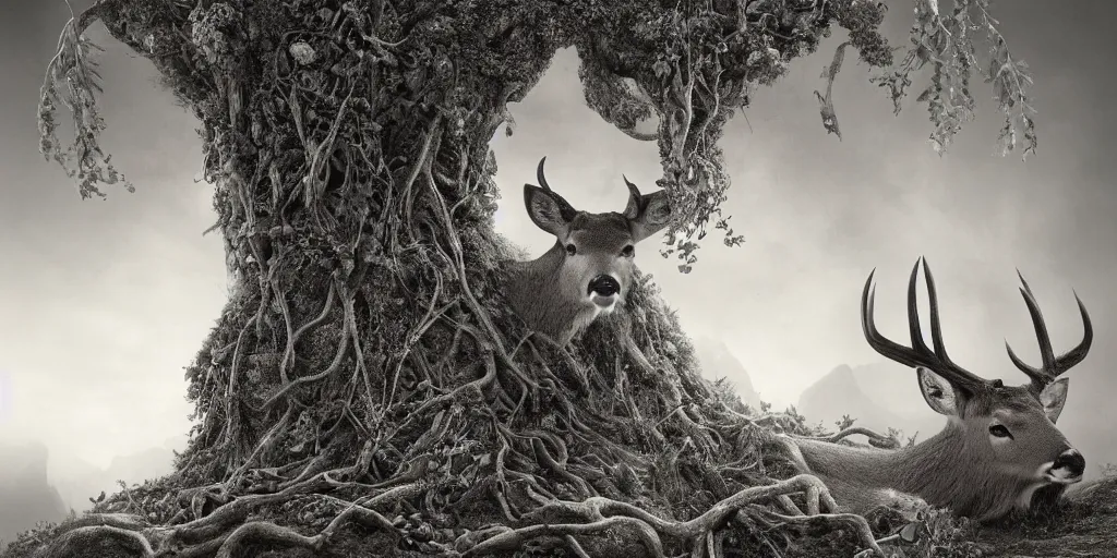 Image similar to portrait of deer getting overgrown by roots, edelweiss growing on his head, forest, dolomites, alpine, detailed intricate insanely detailed octane render, 8k artistic 1920s photography, photorealistic, black and white, chiaroscuro, hd, by David Cronenberg, Raphael, Caravaggio