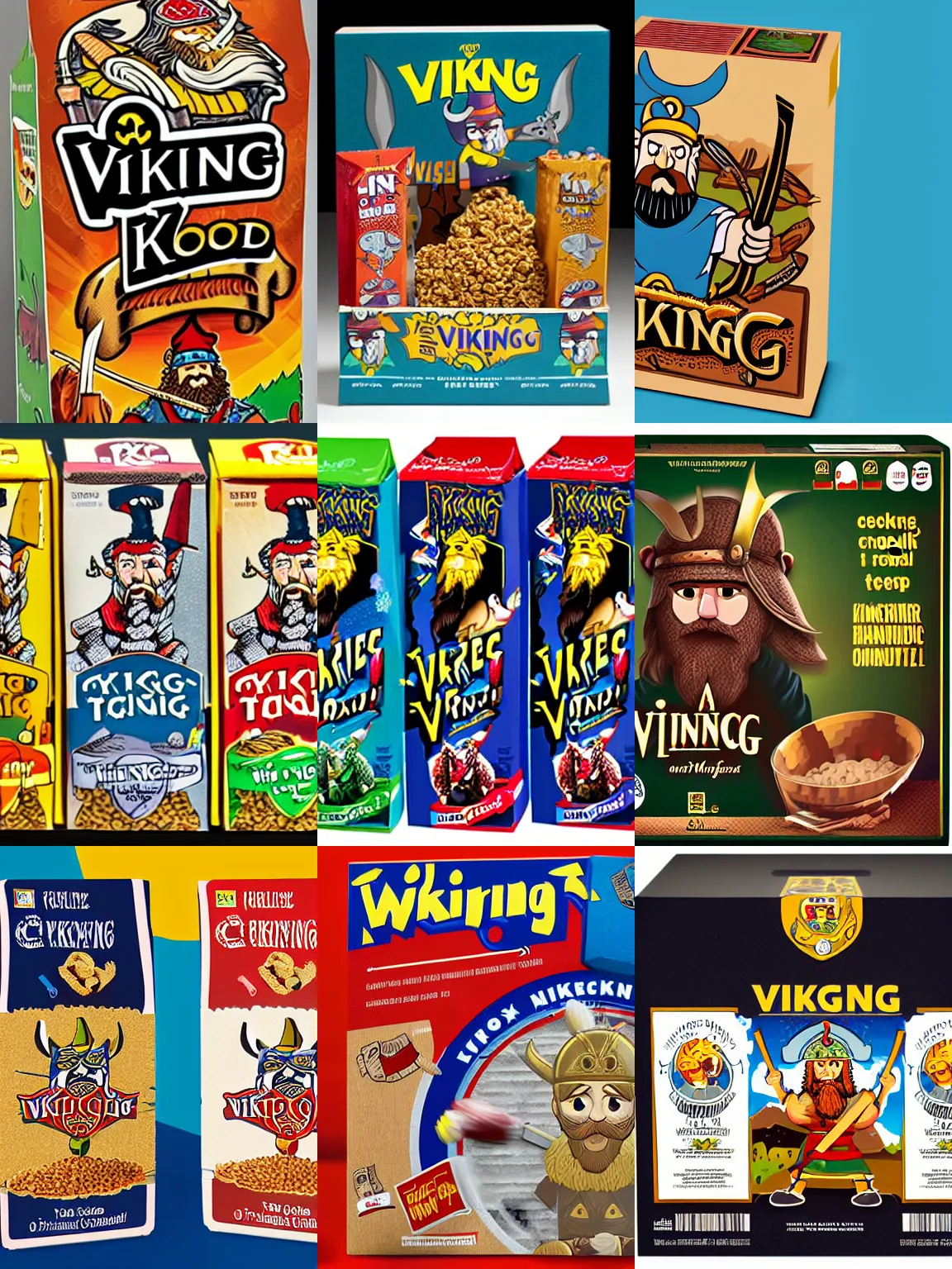 Prompt: a box of viking cereal featuring mascot erik the viking, graphic design, product packaging