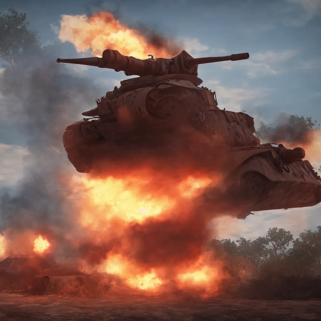 Image similar to world war 2 tank on the battlefield, fiery explosion, wispy smoke, wide shot, unreal engine