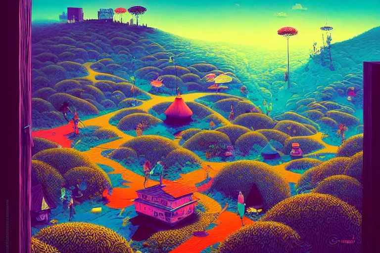 Prompt: surreal glimpse into other universe, genting highland, summer morning, very coherent and colorful high contrast, art by!!!! gediminas pranckevicius!!!!, geof darrow, floralpunk screen printing woodblock, dark shadows, hard lighting, stipple brush technique,