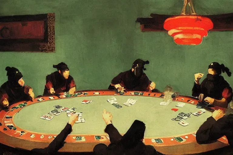 Prompt: ninjas playing poker, inside a tiny green room with red lights by joaquin sorolla, greg rutkowski, hokusai