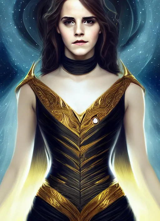 Prompt: emma watson as dark magic celestial, long hair, black, gold and transparent cloth, space, D&D, shiny background, intricate, elegant, highly detailed, digital painting, artstation, concept art, smooth, sharp focus, illustration, artgerm, bouguereau