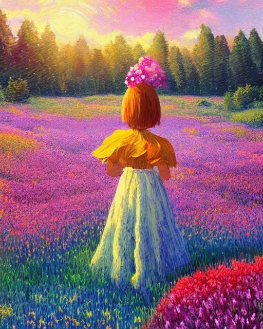 Image similar to girl with giant flower as a face and flower dress, standing in a flower field hills, big trees, sunrise dramatic light, impressionist painting, colorful clouds, digital painting, pointillism, artstation, simon stalenhag