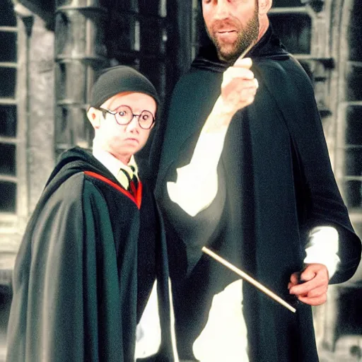 Image similar to jason statham as harry potter in hogwarts