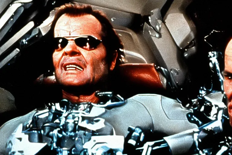 Image similar to Jack Nicholson plays Terminator, epic action scene where his endoskeleton gets exposed, still from the film, cinematic, 80s