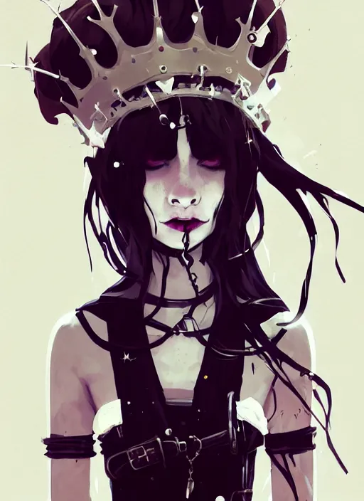 Image similar to portrait of cute goth maiden girl with crown of thorns and white short hairs, dressed in belts, warhammer, cyberpunk, by atey ghailan, by greg rutkowski, by greg tocchini, by james gilleard, by joe gb fenton, by kaethe butcher, dynamic lighting, gradient light blue, brown, blonde cream and white color in scheme, grunge aesthetic