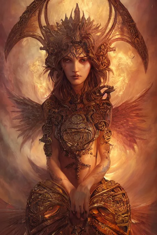 Image similar to beautiful girl sorcerer looking up with fire and golden dragon skin, celtic rune tattoos, casting magic spell, angel, fantasy, magic the gathering, hyper detailed, 3 d render, hyper realistic detailed portrait, peter mohrbacher, wlop, ruan jia, luis royo