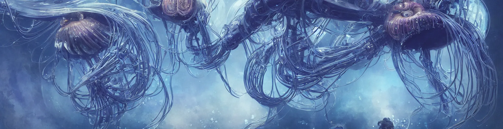 Image similar to Panorama hyper detailed painting of a cyberpunk jellyfish, blue tones, underwater, 8 mm, highly detailed, digital painting, artstation, concept art, smooth, sharp focus, illustration, art by artgerm and greg rutkowski and alphonse mucha