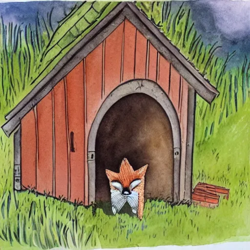 Image similar to a fox in a hen house, watercolor illustration,