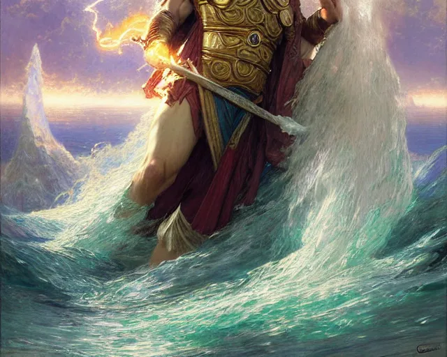 Image similar to attractive male wizard casting powerful giant tsunami spell in a beautiful lake. highly detailed painting by gaston bussiere, craig mullins, j. c. leyendecker 8 k