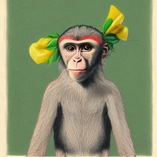 Image similar to portrait of a humanoid macaque wearing a ukrainian headband in the style of piccaso