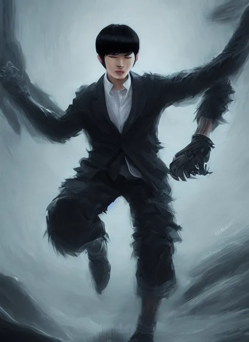 Image similar to a highly detailed illustration of korean man with bowl cut black hair wearing tie with giant black claws, wielding giant black fog claws pose, tired expression, foggy black mist surrounding background, intricate, elegant, highly detailed, centered, digital painting, artstation, concept art, smooth, sharp focus, league of legends concept art, wlop.