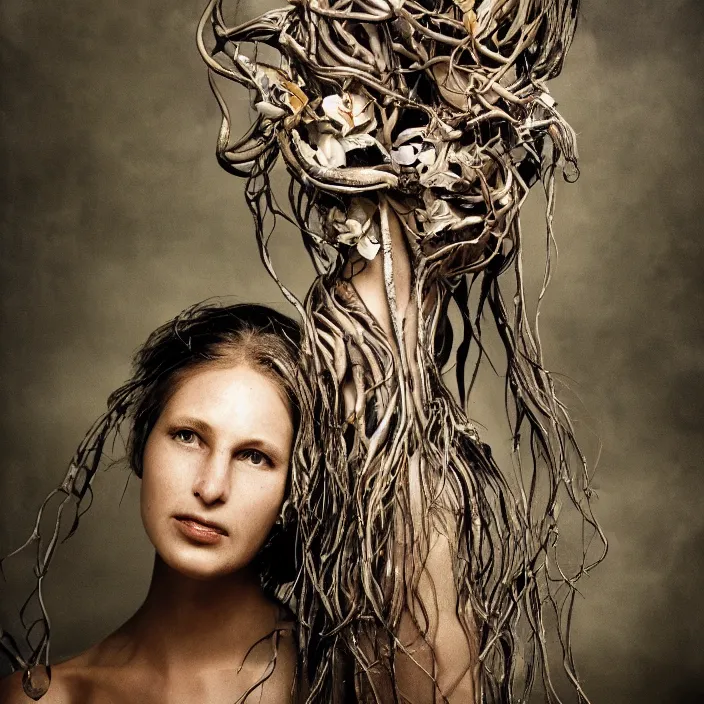 Image similar to closeup portrait of a cyborg woman with twisting roots and lilies growing out of her face, standing in a desolate apocalyptic city, by Annie Leibovitz and Steve McCurry, natural light, detailed face, CANON Eos C300, ƒ1.8, 35mm, 8K, medium-format print