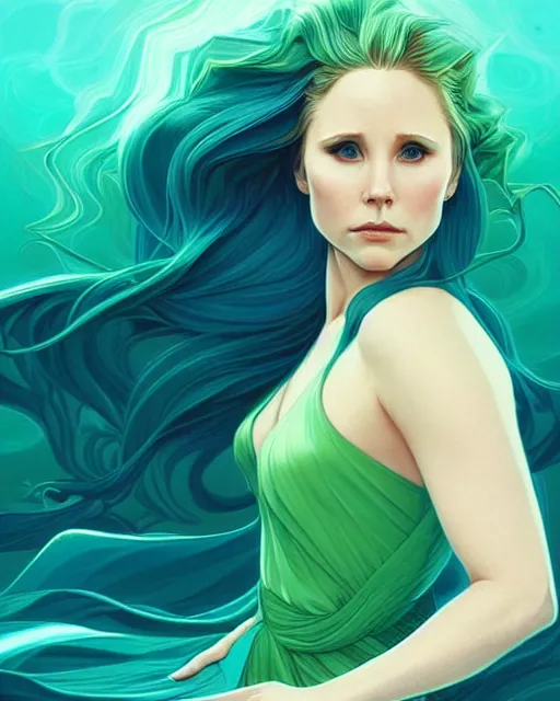 Image similar to style artgerm, joshua middleton, beautiful kristen bell with green dress, very long blue hair, symmetrical face, symmetrical eyes, water powers water swirling, detailed, beach setting, cinematic lighting