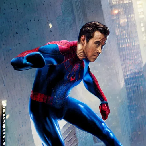 Image similar to ryan reynolds as spider - man, wearing a black and blue suit, cinematic, volumetric lighting, f 8 aperture, cinematic eastman 5 3 8 4 film, photorealistic by greg rutkowski, by stanley artgerm, by alphonse mucha