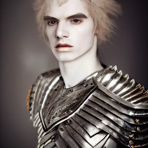 Image similar to a portrait of a beautiful young vampire male wearing an alexander mcqueen armor , photographed by andrew thomas huang, artistic