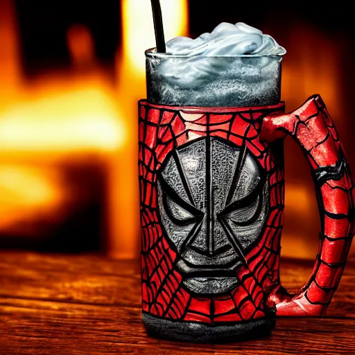 Image similar to a closeup photorealistic photograph of a spider man style tiki mug on a trader vic's bar featuring the face of spider man. tiki theme. bright scene. fine detail. this 4 k hd image is trending on artstation, featured on behance, well - rendered, extra crisp, features intricate detail, epic composition and the style of unreal engine.