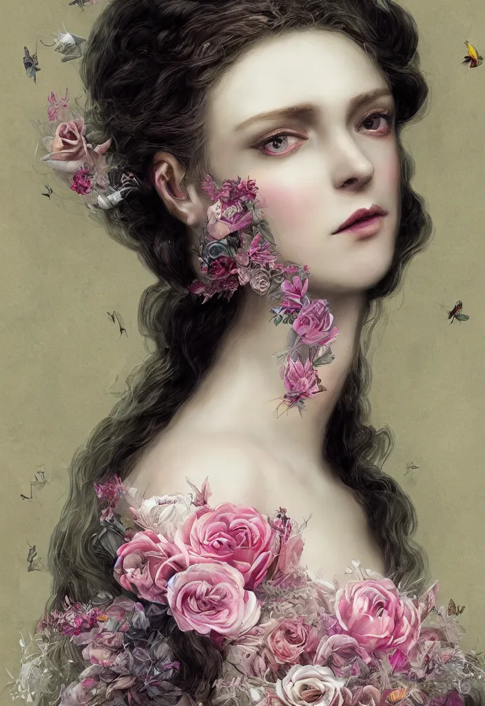 Prompt: beautiful, haunting young woman, with numerous hands and arms, in renaissance times, detailed gorgeous face, sad eyes, vaporwave aesthetic, synthwave long luxurious gown made out of pearls, hair done up with flowers and ribbons, digital art, butterflies, birds, digital painting, artstation, concept art, smooth, sharp focus, illustration, art by artgerm and greg rutkowski and alphonse mucha