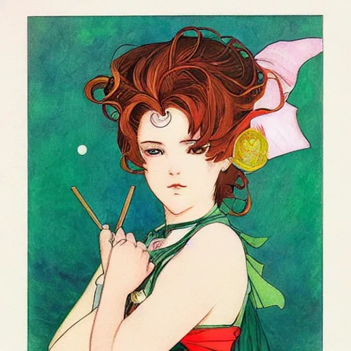 Prompt: the sailor jupiter. beautiful, realistic painting by mucha and malevich and kuvshinov. watercolor, thick linings, manga