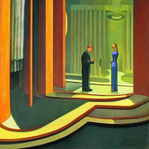 Image similar to fantastical biomorphic atrium, grant wood, pj crook, edward hopper, oil on canvas