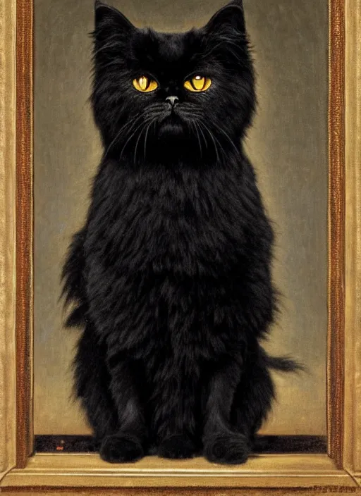 Image similar to symmetrical portrait of black persian cat staring contemptuously at people, wearing a chinese dragon spacesuit armor and helmet, in majestic, solemn, in space, hyper realistic, by bouguereau