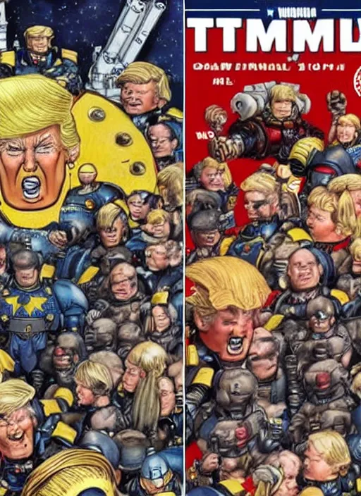 Image similar to comic book cover of donald trump as a space marine from warhammer 4 k, big crowd people are happy and cheering