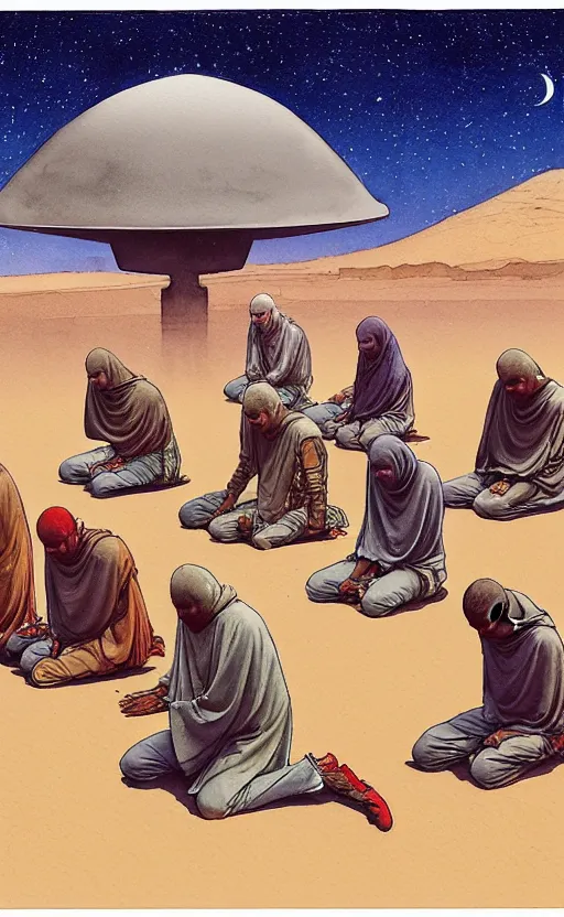 Image similar to a hyperrealist watercolour character concept art portrait of a group of middle eastern men kneeling down in prayer in front of a 1 2 ft. thin alien on a misty night in the desert. a ufo is in the background. by rebecca guay, michael kaluta, charles vess and jean moebius giraud