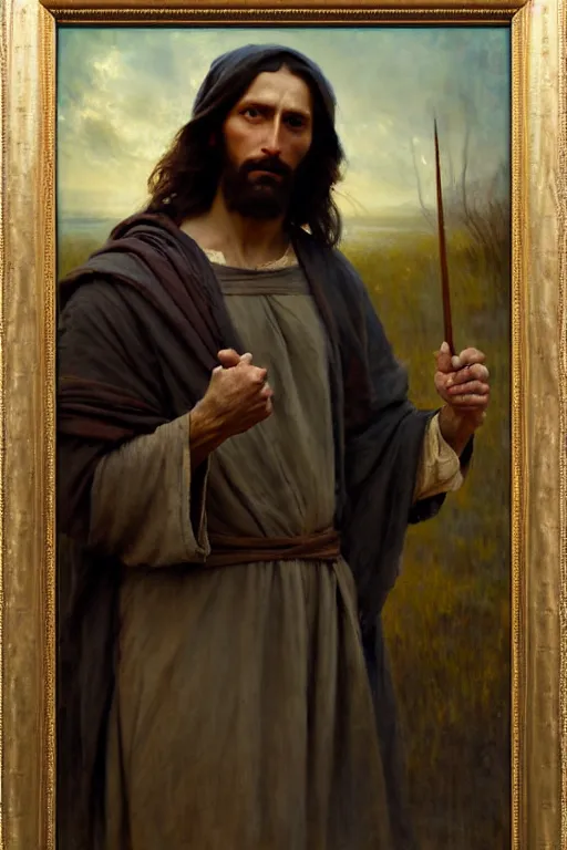 Image similar to photograph imax and solomon joseph solomon and richard schmid and jeremy lipking victorian loose genre loose painting full length portrait painting of jesus