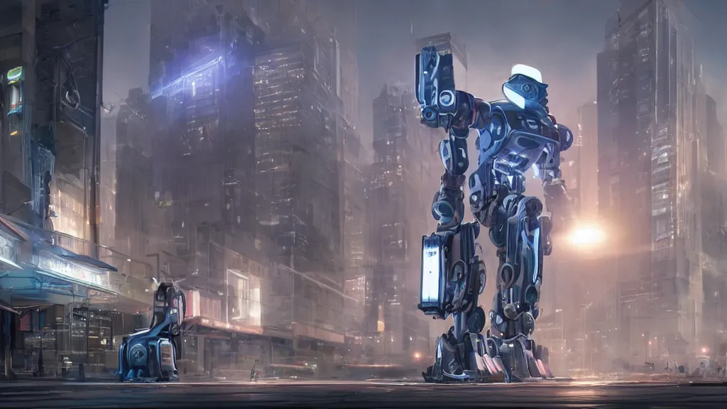 Prompt: Amazing photorealistic digital concept art of a guardian robot in a futurstic city, by James Clyne and Joseph Cross. Cinematic. LED lighting. A bright background. Wide angle. Clean lines. Good lighting. Balanced composition.