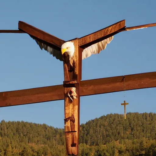 Prompt: a bald eagle, crucified on a crucifix