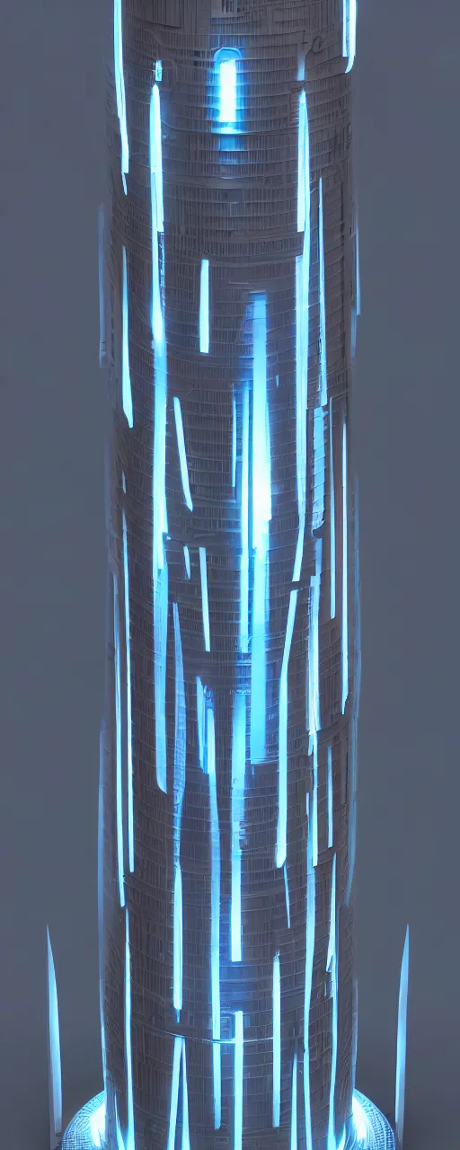 Prompt: 3 d sculpt environment building prop with vertical strips of embedded lights, star citizen, tron, halo, mass effect, elysium, the expanse, high tech industrial, artstation unreal of a technological device in the shape of an industrial cylindrical segmented stacked tower