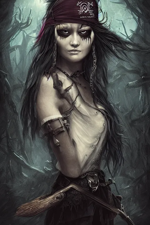 Prompt: portrait of a 30 year old female as a pirate wizard with an eye patch in sinister deep dark forest ambience, in style of dark fantasy art, in style of Midjourney, stylized, detailed and intricate, mandelbulber fractal, elegant, ornate, horror, elite, ominous, haunting, beautiful digital painting, cinematic, cgsociety, H.R. Giger, Zdizslaw Beksinski, James jean, Noah Bradley, Darius Zawadzki, vivid chromatic colors and vibrant outlines