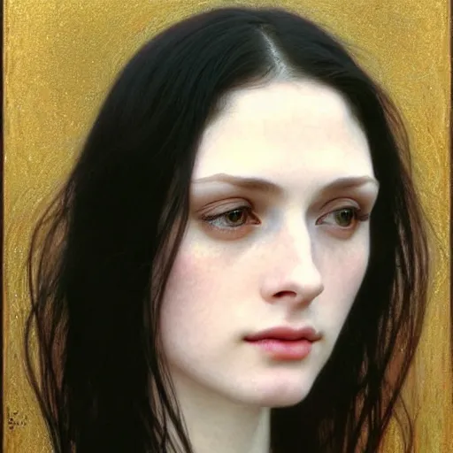 Image similar to Portrait of a beautiful, pale skin, female with long black hair, (dark brown narrow-set eyes), faint smile, elegant clothing, photorealistic, highly detailed, realistic, artstation, smooth, sharp focus, art by Klimt, artgerm, Greg Rutkowski and Alphonse Mucha natural light, Adobe Lightroom, photolab, Affinity Photo, PhotoDirector 365