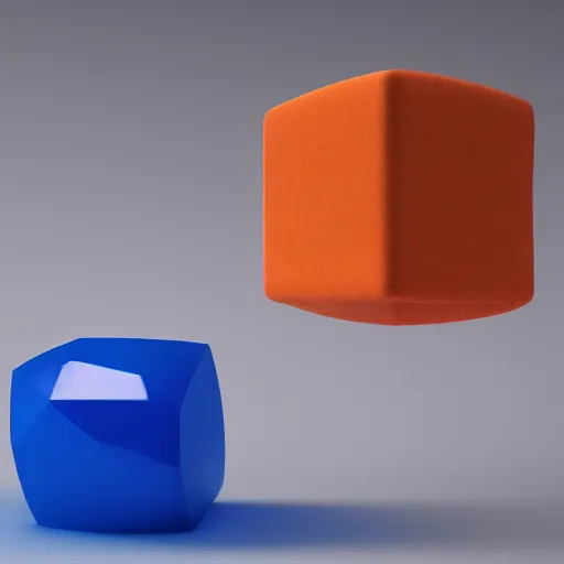 Prompt: one blue 9 9 8 8 cube and one orange cube, studio light, studio photo, 1 2 9 7, octane render