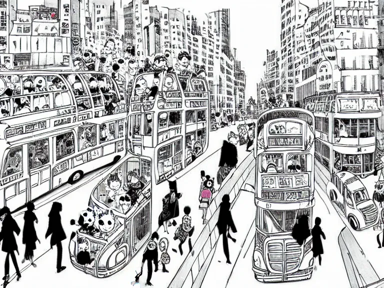 Image similar to Cat used as a bus in a busy city center, people on the bus, crowded, in the style of Manga, Eichiro Oda, hyper detailed