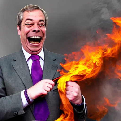 Image similar to nigel farage laughing holding burning eu flag, photograph, hd