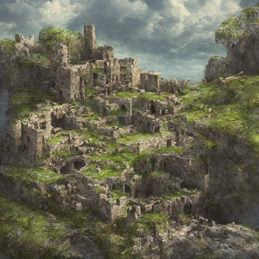 Image similar to looking up at a ruined castle on a small island only reachable by a small land bridge, 8 k, ultra realistic cinematic, intricate, cinematic light, concept art, illustration, art station